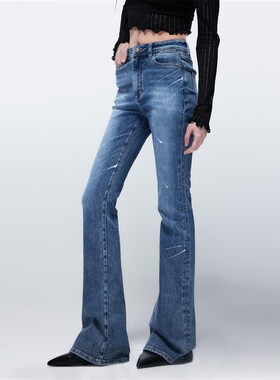 EMPTY PAGE蓝色紧身弹力牛仔裤女高腰修身显瘦显高百搭喇叭长裤