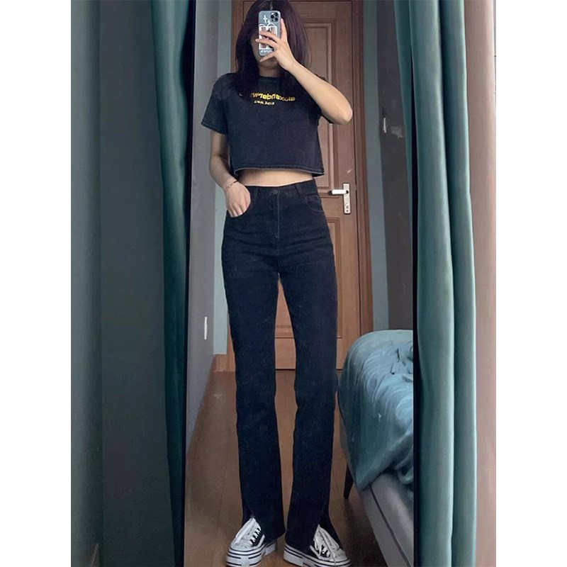 胖mm开叉黑色牛仔裤女夏季新款喇叭裤子大码女装显瘦弹力阔腿长裤