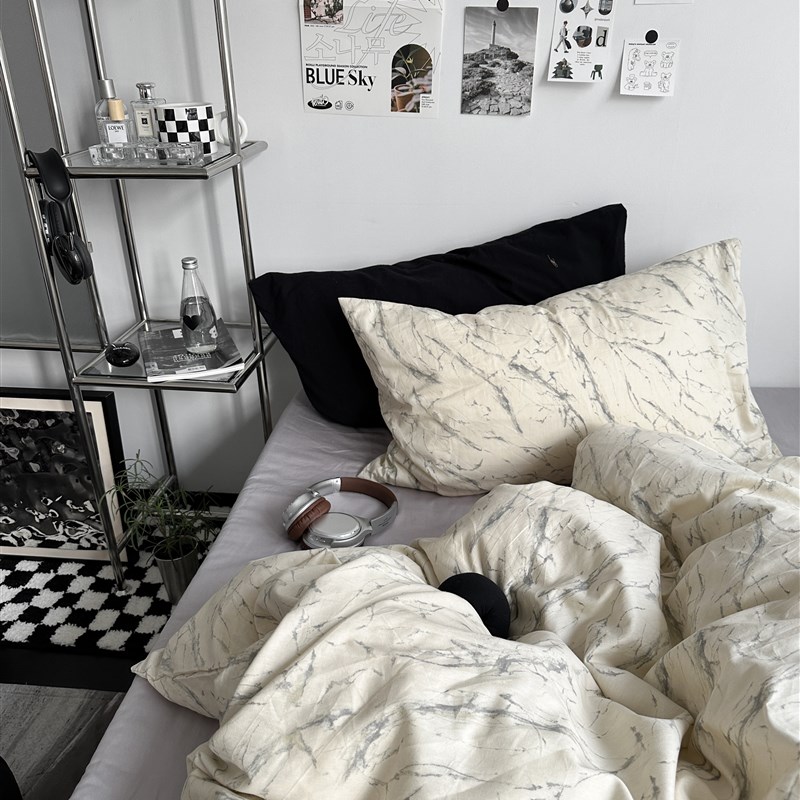 简约诺曼底灰岩混搭全棉四件套复古田园床单被套床笠双人床品