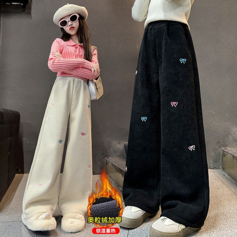女童加绒裤子秋冬2024新款冬装女孩冬季加厚条绒阔腿裤儿童休闲裤
