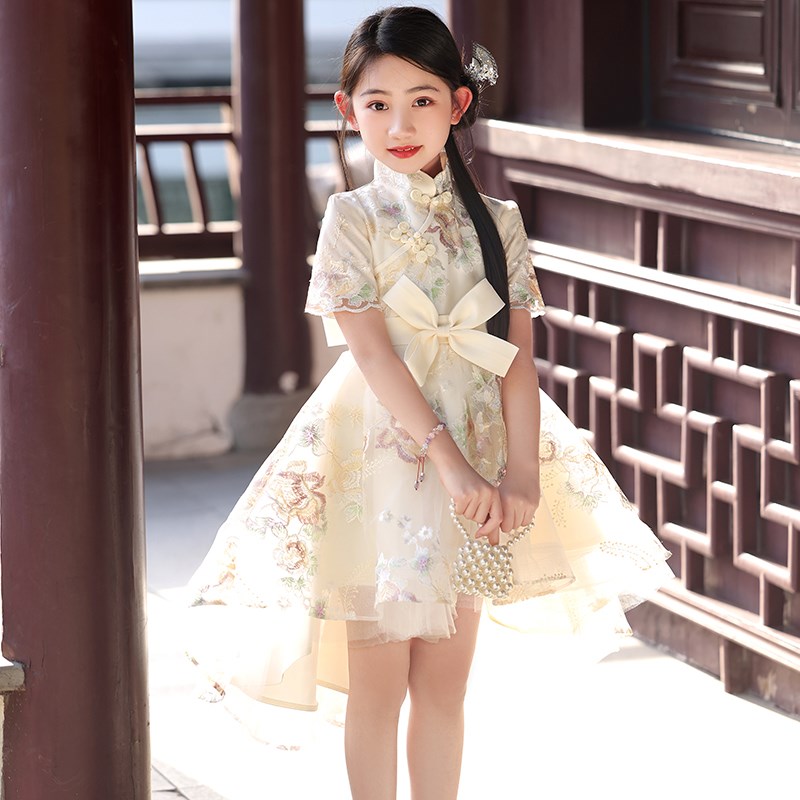 高端礼服公主裙儿童生日国风主持人花童小女孩女童香槟色演出服夏