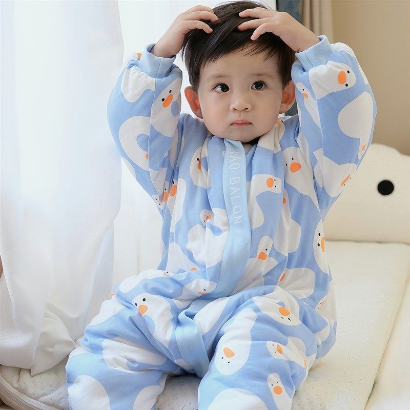 24宝宝夹棉防着凉可爱保暖连体衣儿童睡袋秋冬季拉链式分腿加厚款