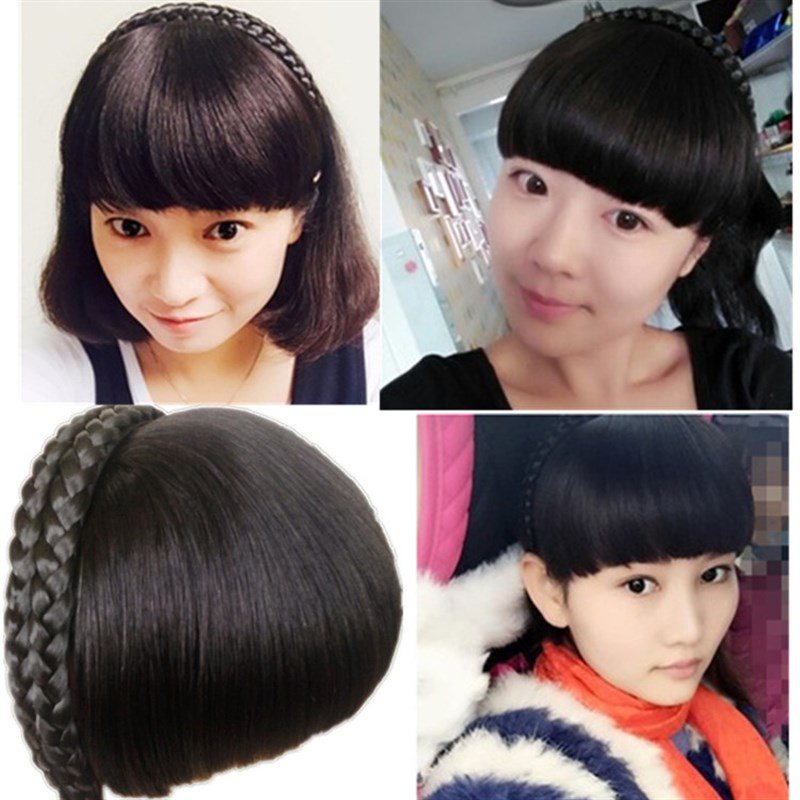 真发刘海发箍双辫子假发卡片假头帘假留海加厚时尚女齐斜刘海网红