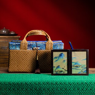 湘传礼纯手工湘绣双面绣笔筒蓝色藤编春节庆典茶礼盒套装