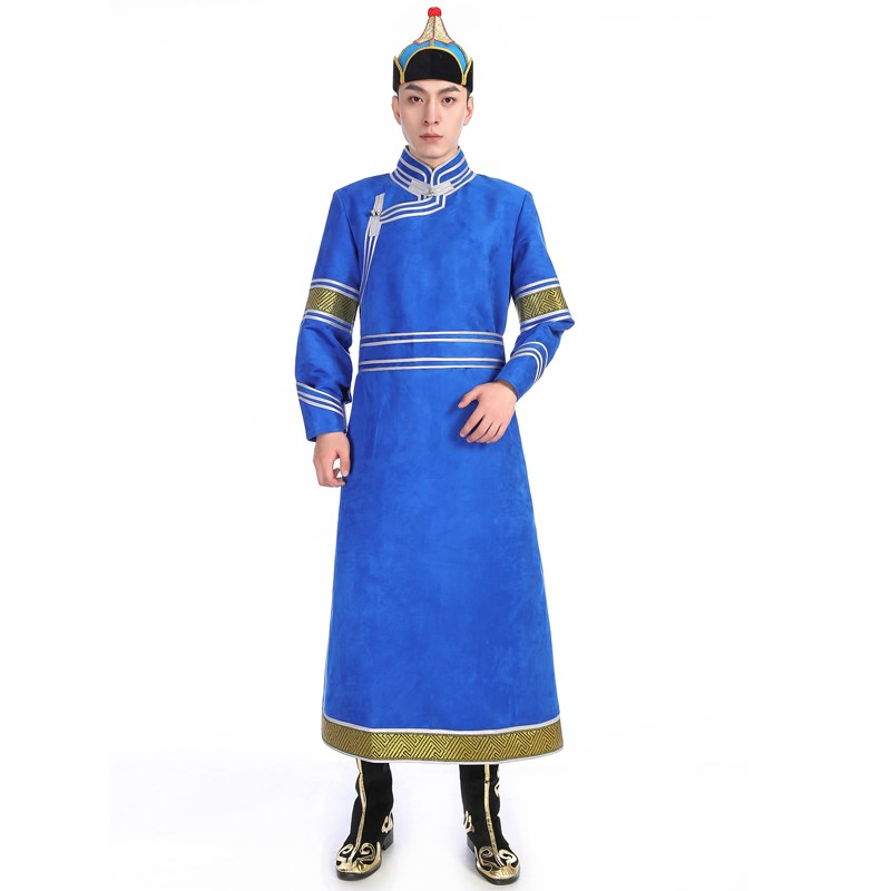 秋冬男士蒙古服长袍成人长款仿鹿皮绒蒙族日常装蒙古演出服男新款