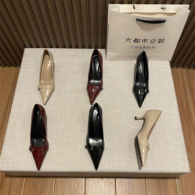 法式高跟鞋女通勤2024春秋新款职业面I试尖头浅口细跟软皮单鞋气