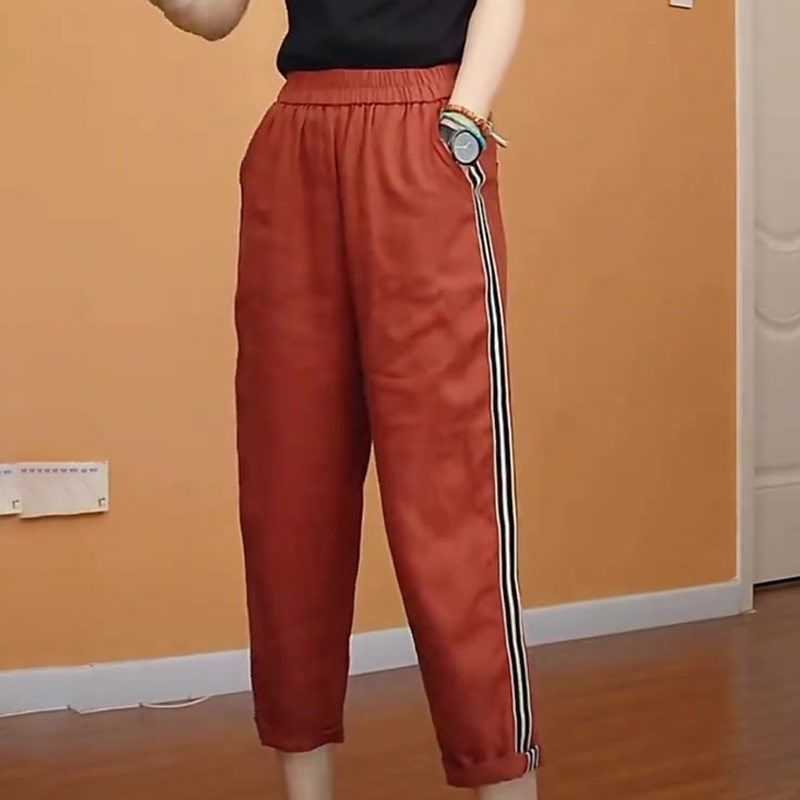 欧货砖红色亚麻九分裤女2025z夏季新款侧条纹松紧腰显瘦简约直筒,女装/女士精品,大码裤装,淘宝优惠券,粉丝福利购,淘宝优惠卷