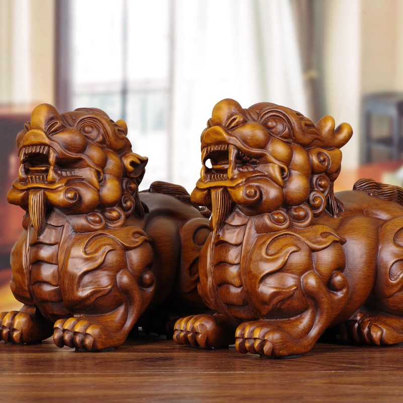纯实木雕中式古典貔貅摆件一对木质皮丘招财手工艺品X玄关客厅摆