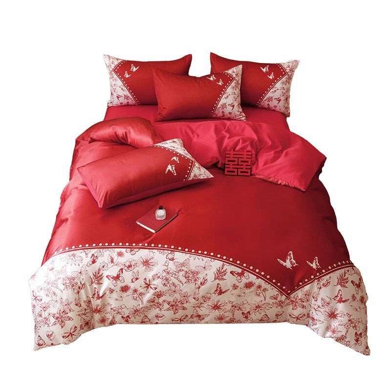 中式结婚四件套大红q色陪嫁床单被套婚庆床上用品婚房喜被,床上用品,婚庆床品套件,淘宝优惠券,粉丝福利购,淘宝优惠卷