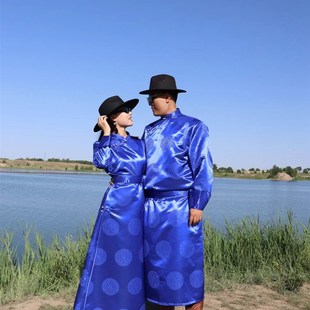 蒙古袍男蒙古袍女新款p情侣男女款缎面拍照演出日常传统蒙古袍服