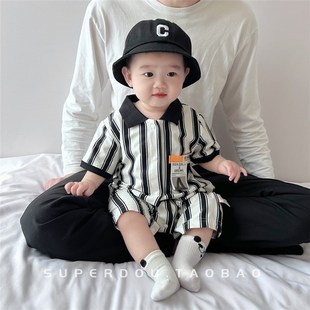 婴儿夏季连体衣男宝n宝夏装洋气时髦工装风爬服婴幼儿满月百天包