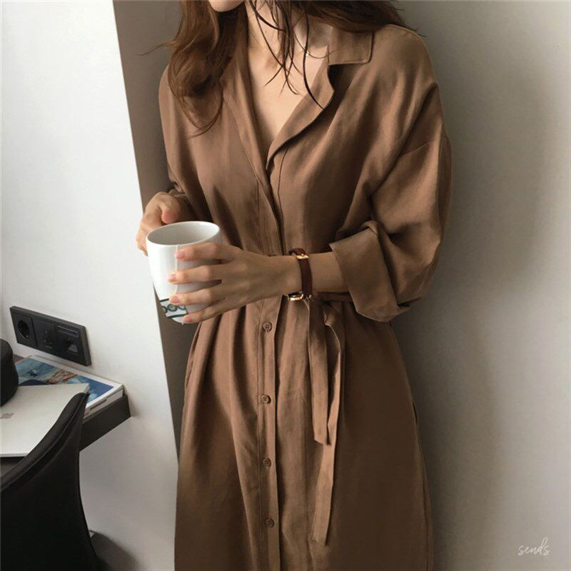加长版衬衣女春超长款法式领x子宽松收腰缎质睡裙醋酸缎面衬衫裙
