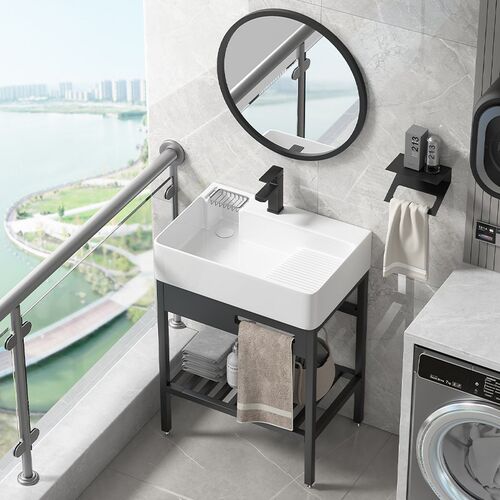 免打孔卫生间落地式支架洗衣盆洗脸盆陶J瓷洗手盆阳台小户型洗漱