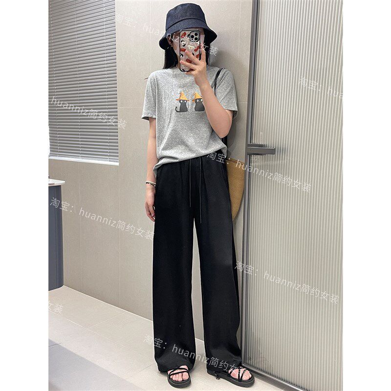高质感光泽黑色i醋酸阔腿裤女夏季薄款丝滑凉快缎面休闲拖地长裤