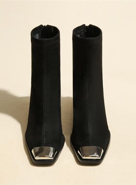 粗跟金属方头矮筒短靴女2024靴子秋冬新款爆款黑色W高跟弹力瘦瘦