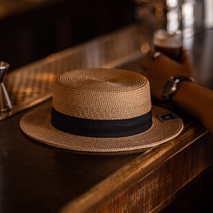 古叔的着 老钱风平顶草编帽男夏季新款防晒康康帽船夫帽复古草帽