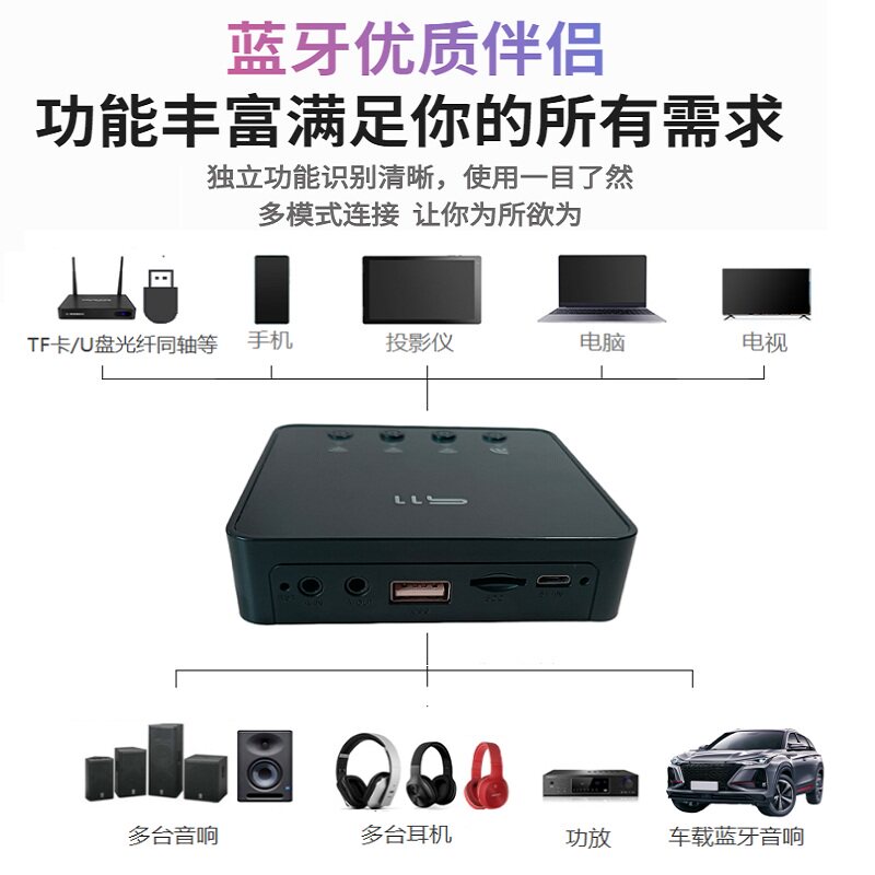 蓝牙分享接收发射转接中继器一拖4拖多5.0音响功放适配器U盘aux