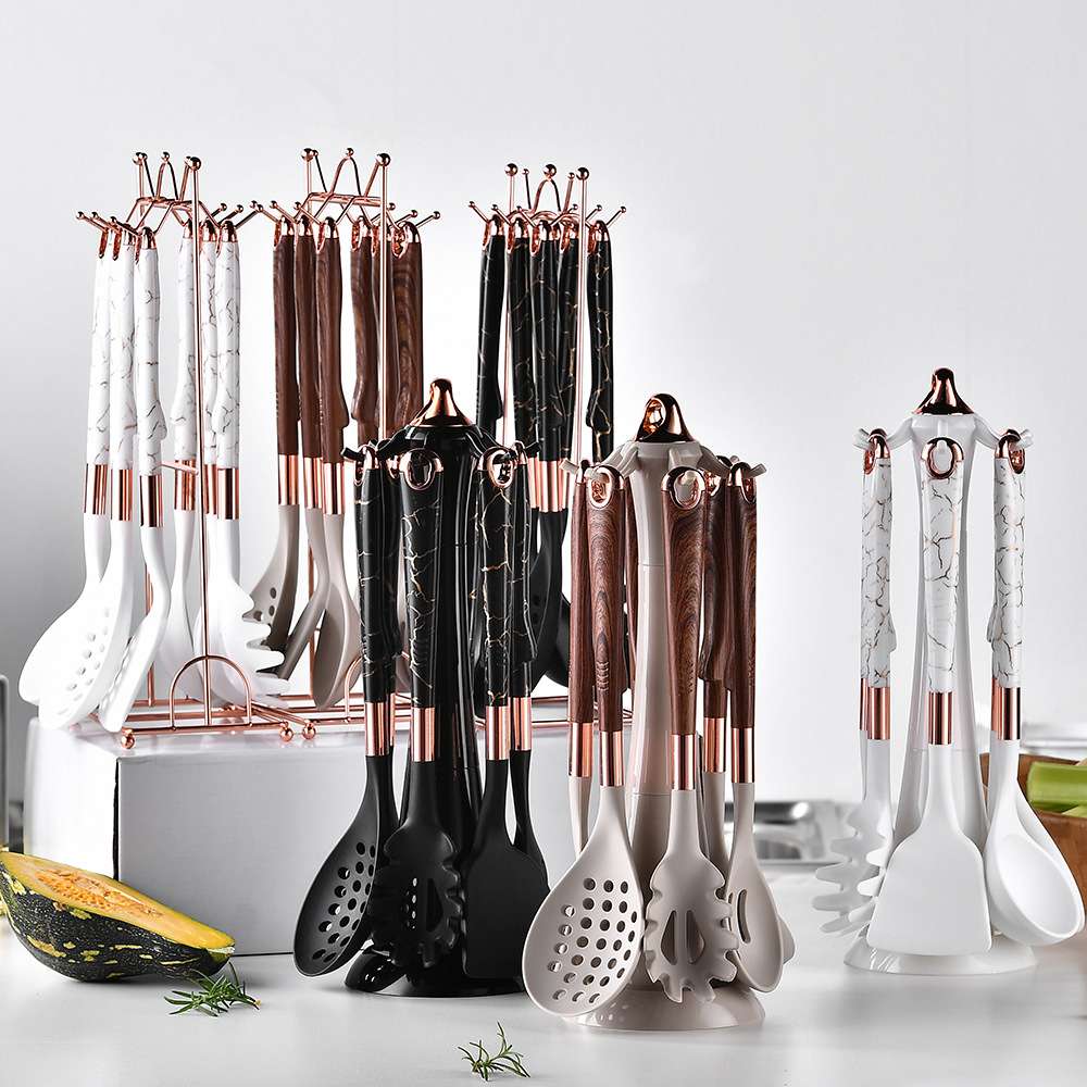 跨境热销硅胶厨具7件套厨房带收纳架烹饪铲勺家用厨房工具套装