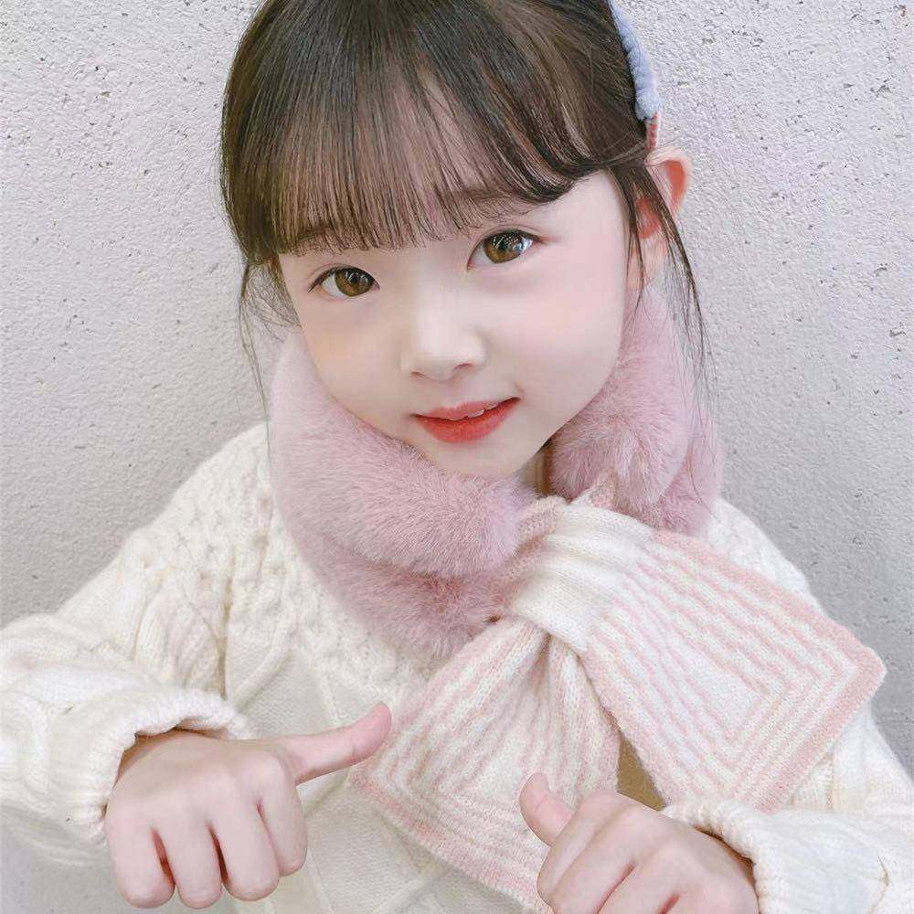 毛绒儿童围巾秋冬保暖男童女童围脖保暖韩版针织交叉宝宝毛绒围巾