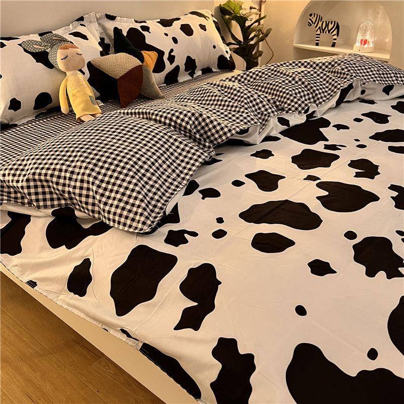 K15ins豹纹黑白奶牛纹三件套简约被套公主风床上床单四件套学生床