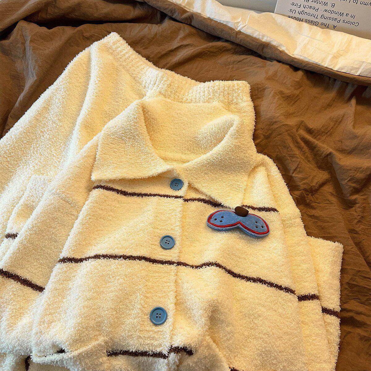 韩系甜美奶呼呼黄色酷猫加绒睡衣女秋冬季保暖加厚居家服大码套装