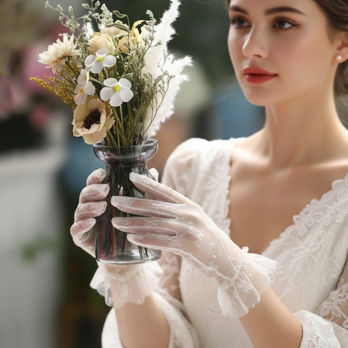 韩式结婚新娘婚纱礼服晚装蕾丝花边多色时尚手套复古遮手臂手套