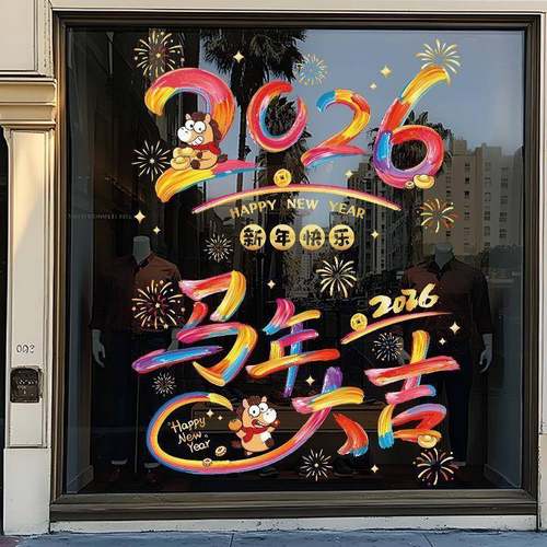 新年玻璃贴纸装饰马年窗花贴画场景布置墙贴彩字橱窗门静电贴