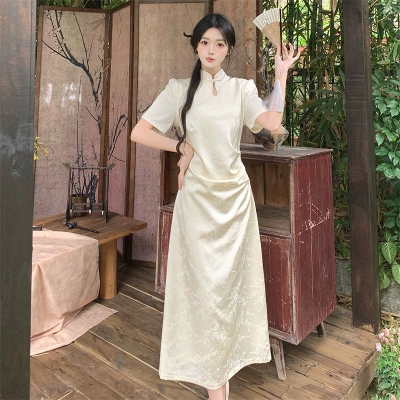 大码国风连衣裙女装春夏季改良新中式旗袍裙胖MM显瘦修身黑色裙子