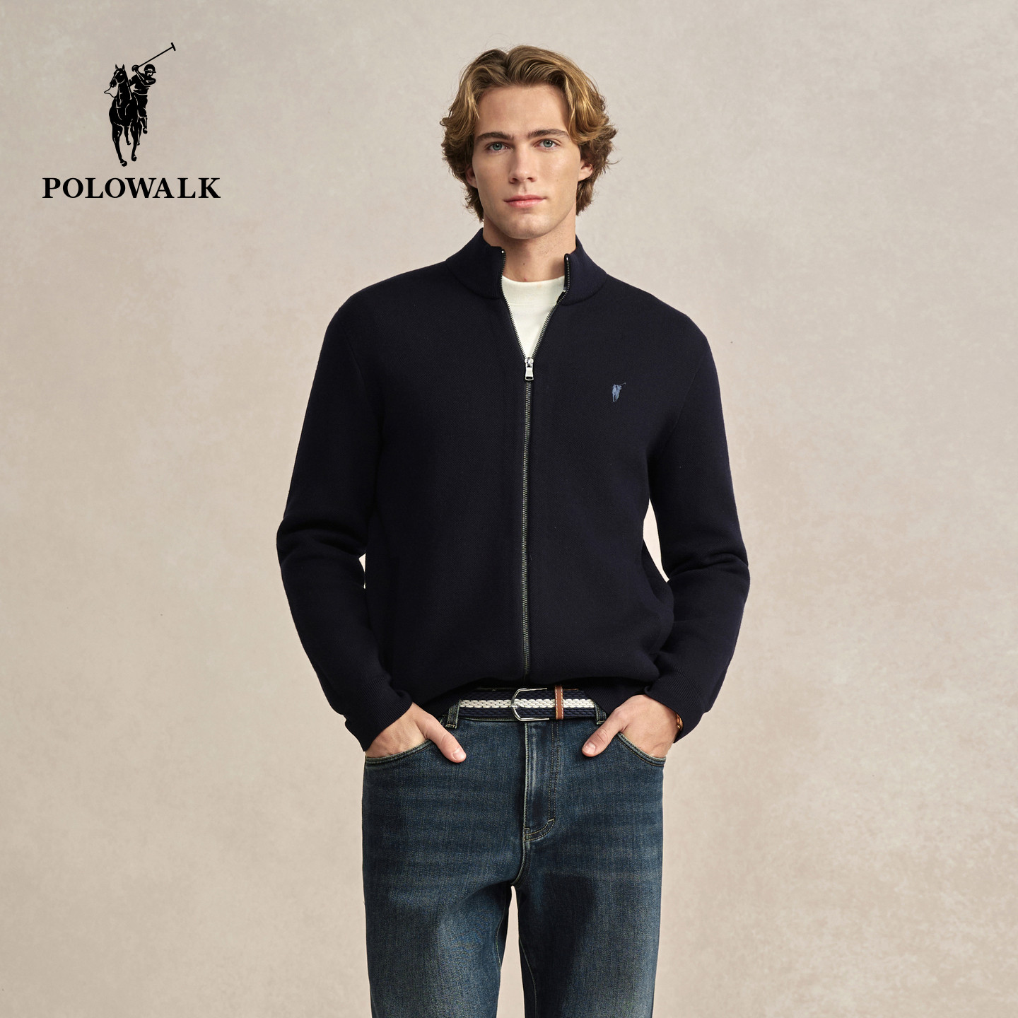 POLOWALK男式针织衫2025冬季新品简约通勤半高领加绒拉链针织开衫