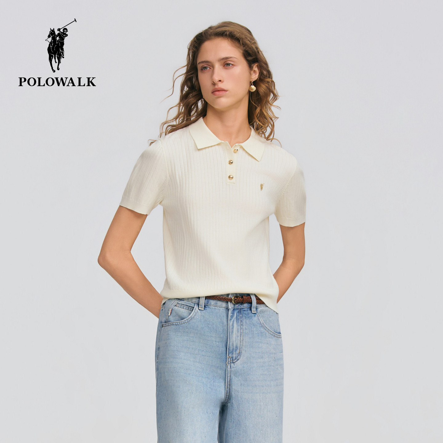 POLOWALK女式短袖针织衫2026春季新品翻领坑条短袖套头针织上衣