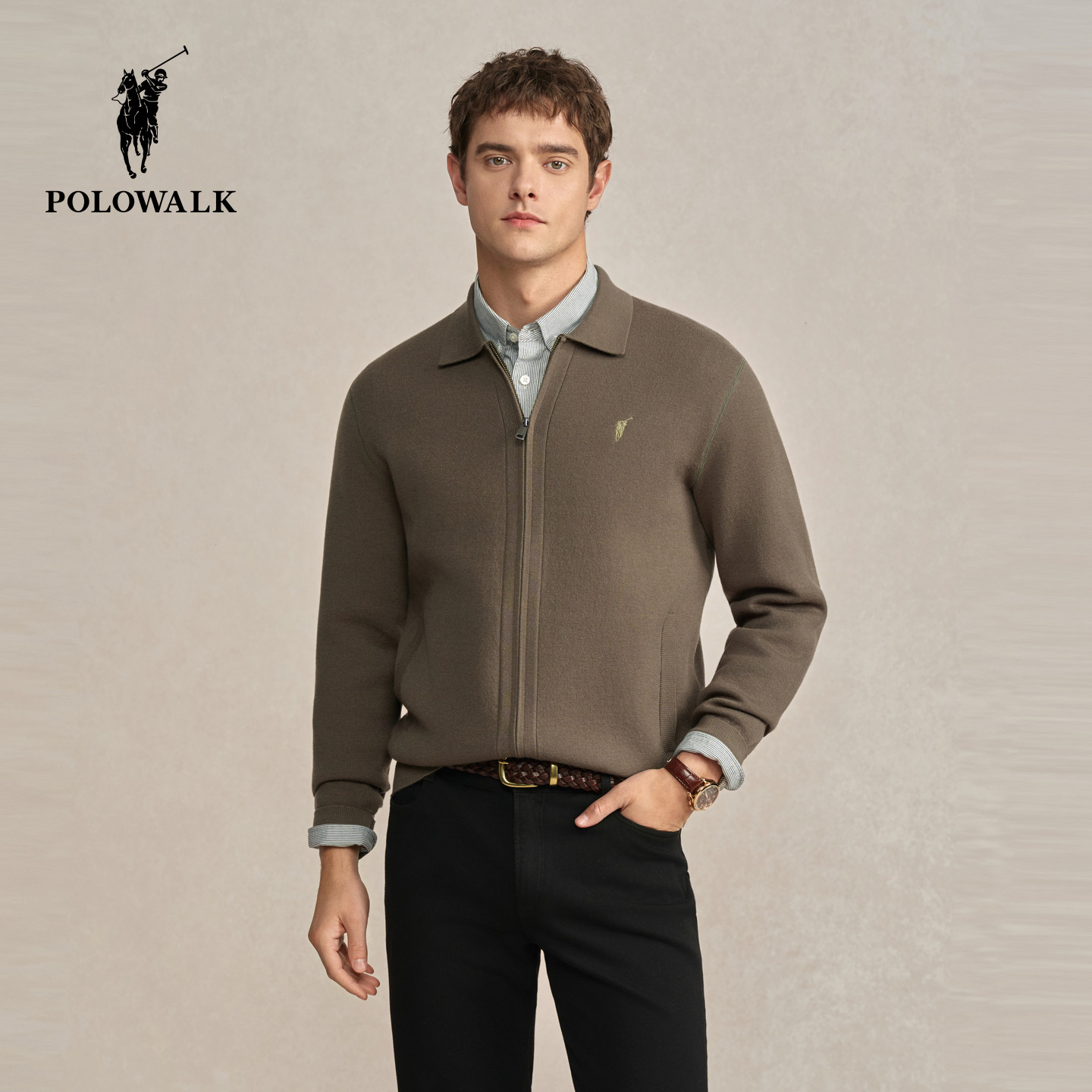 POLOWALK男式针织衫2025冬季新品翻领加绒拉链开衫休闲商务针织衫