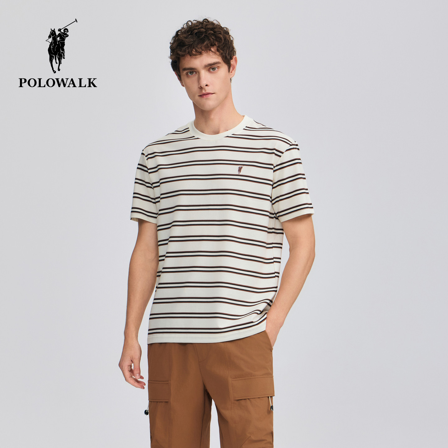 POLOWALK男式短袖圆领T恤2025夏季新品条纹设计保罗宽松打底衫