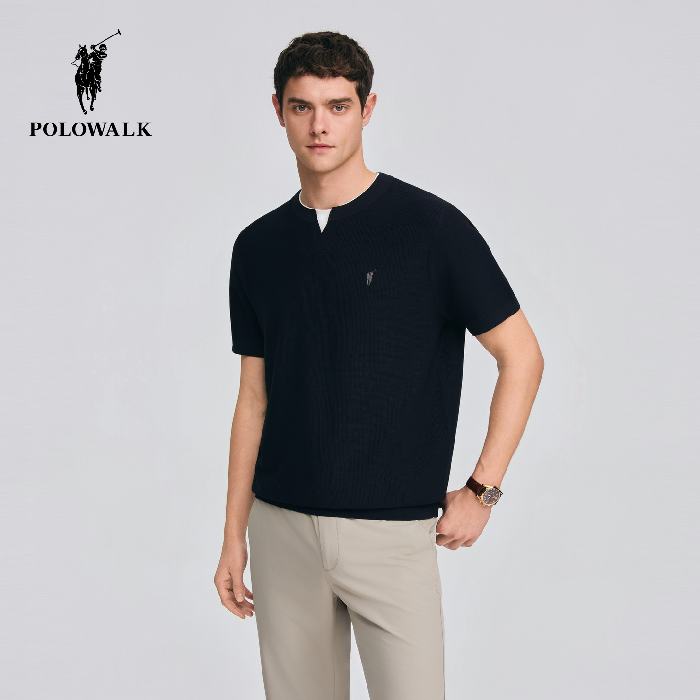 POLOWALK男式短袖针织衫2026春季新品双层领假两件短袖套头针织衫