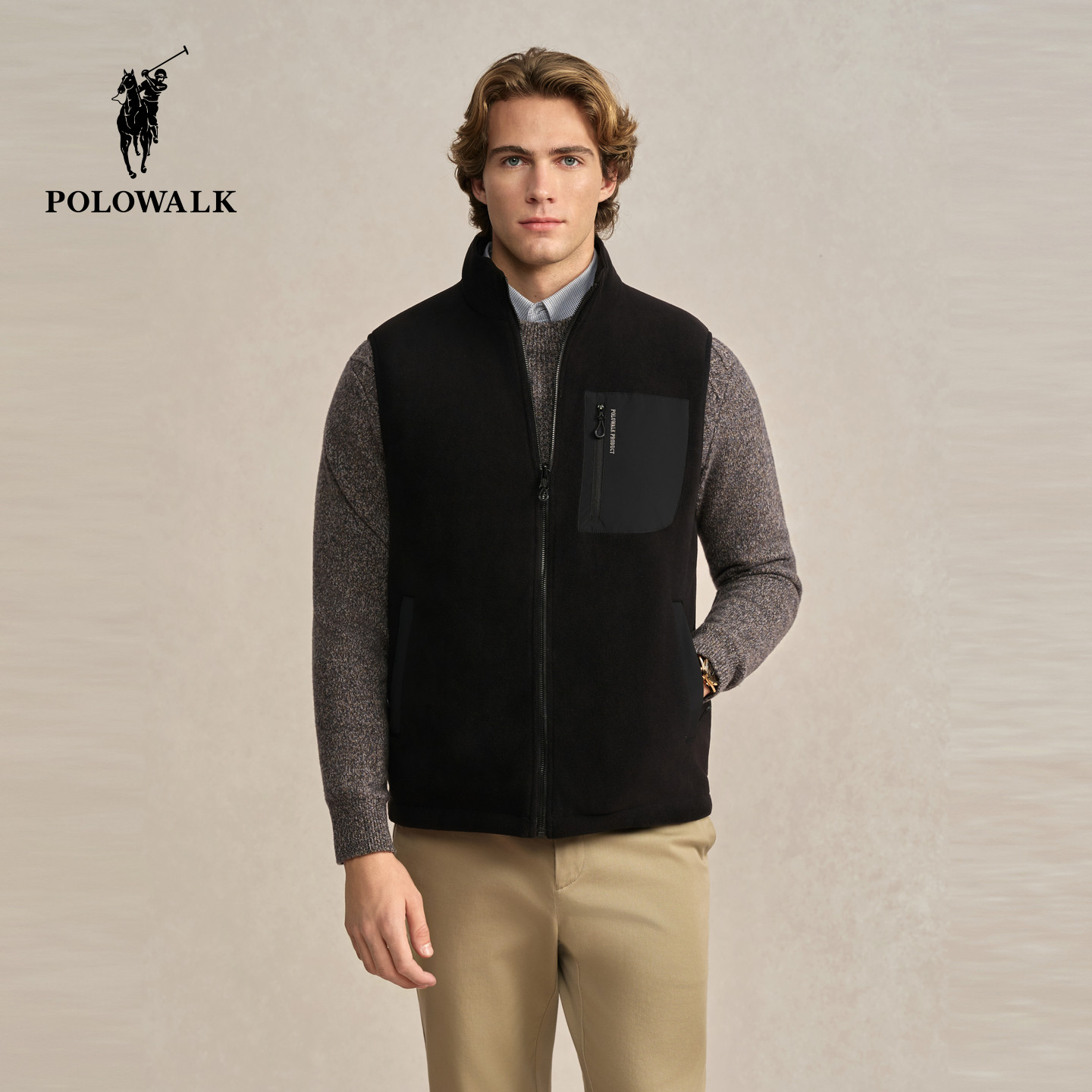 POLOWALK男式羽绒马甲2025冬季新品双面穿摇粒绒简约立领羽绒马甲