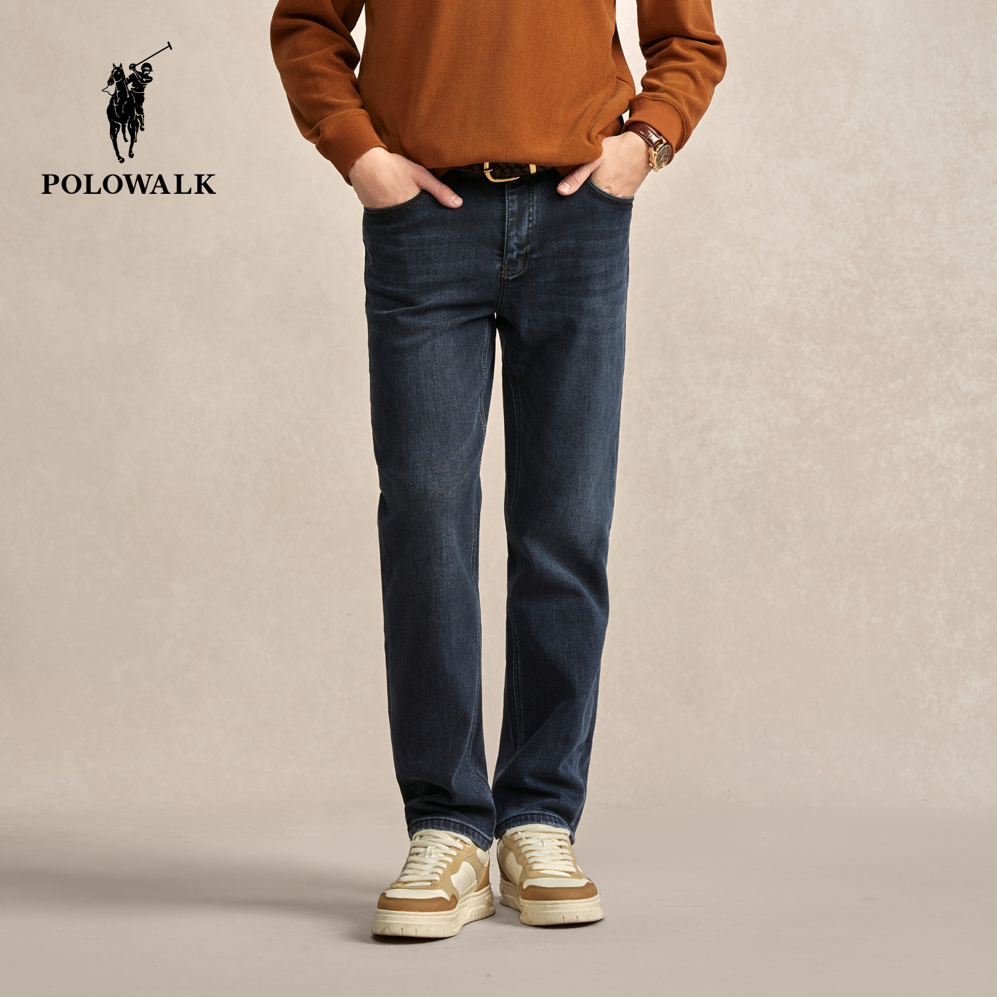 POLOWALK男式牛仔裤2025秋冬新品潮流休闲薄绒月牙袋通勤牛仔长裤
