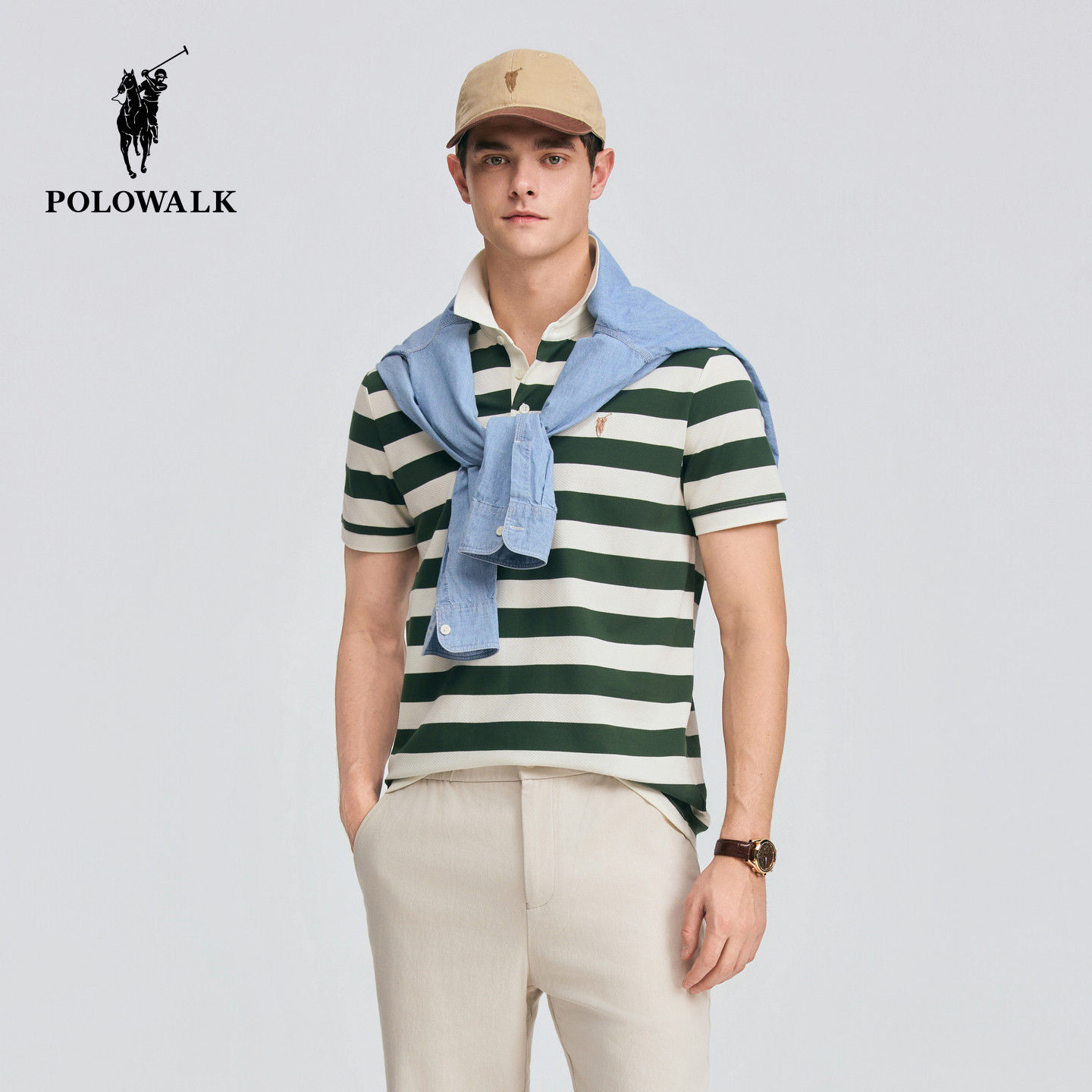 POLOWALK男式简约条纹休闲2026夏季新品撞色领商务套头短袖polo衫