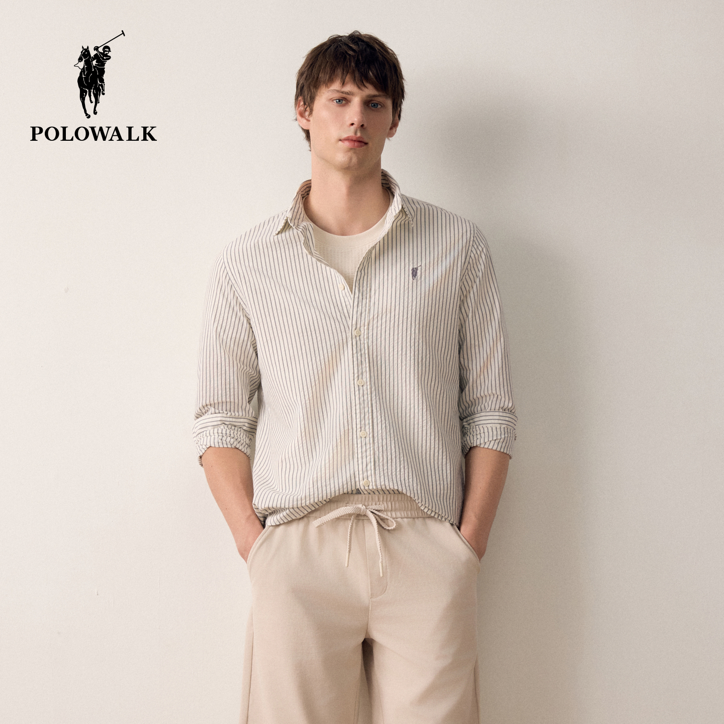 POLOWALK男式长袖衬衫2025秋季新品条纹翻领开衫上衣休闲百搭外套