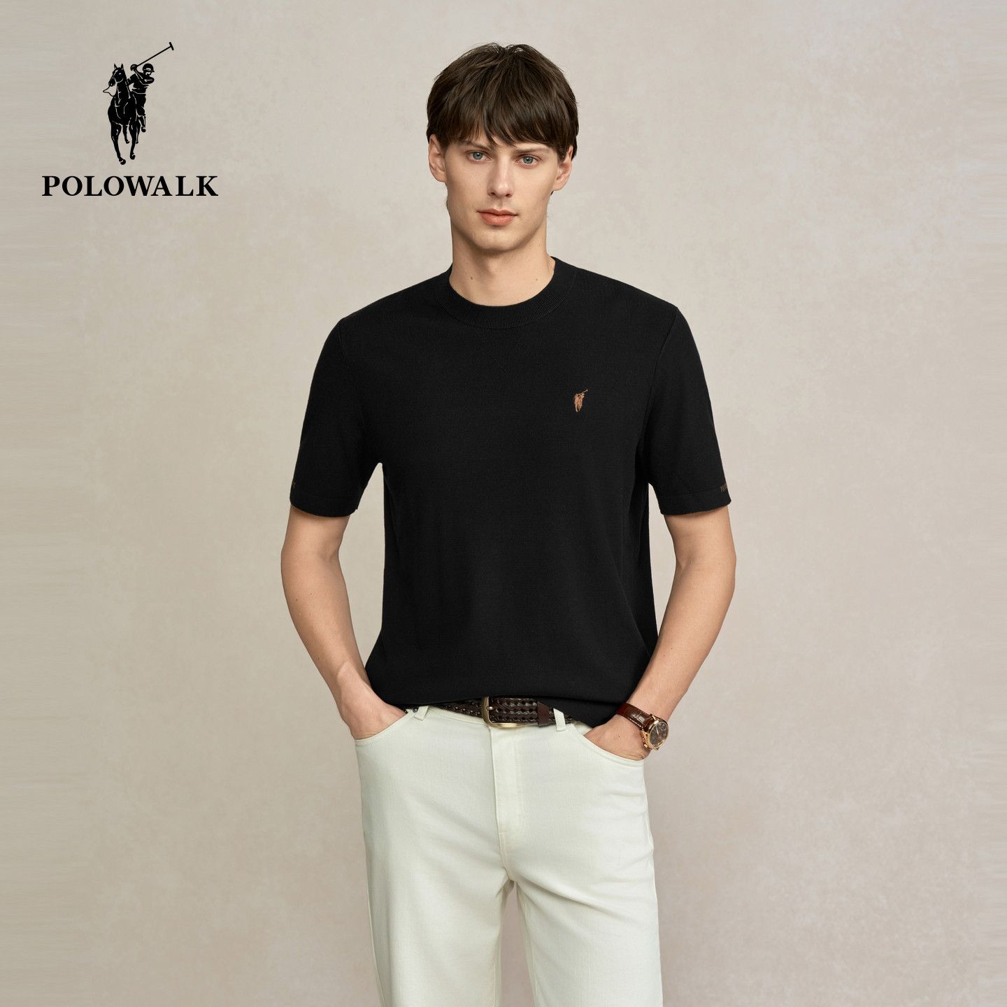 POLOWALK男式短袖针织衫2025春季新品简约时尚圆领百搭针织T恤男
