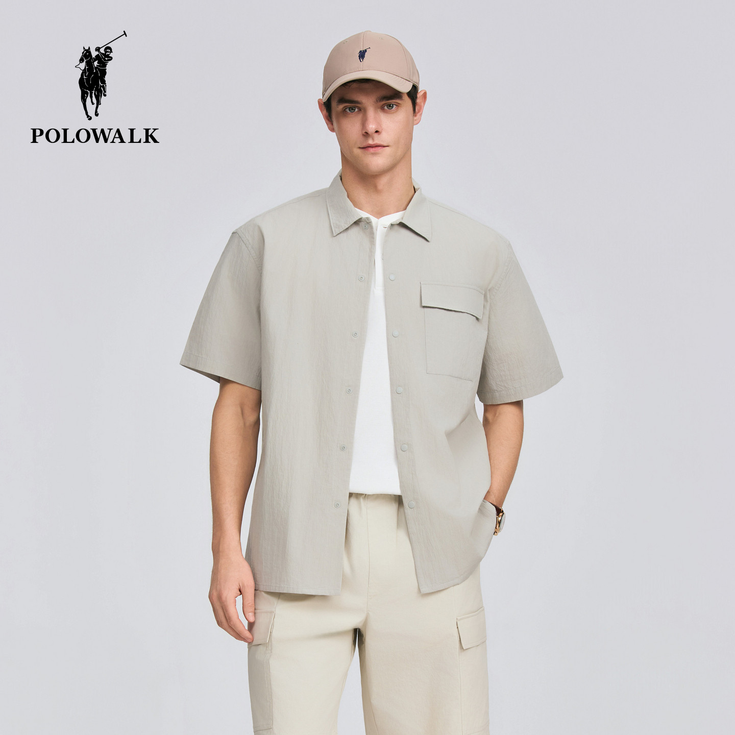 POLOWALK男式短袖衬衫2026夏季新品男装翻领工装风休闲短