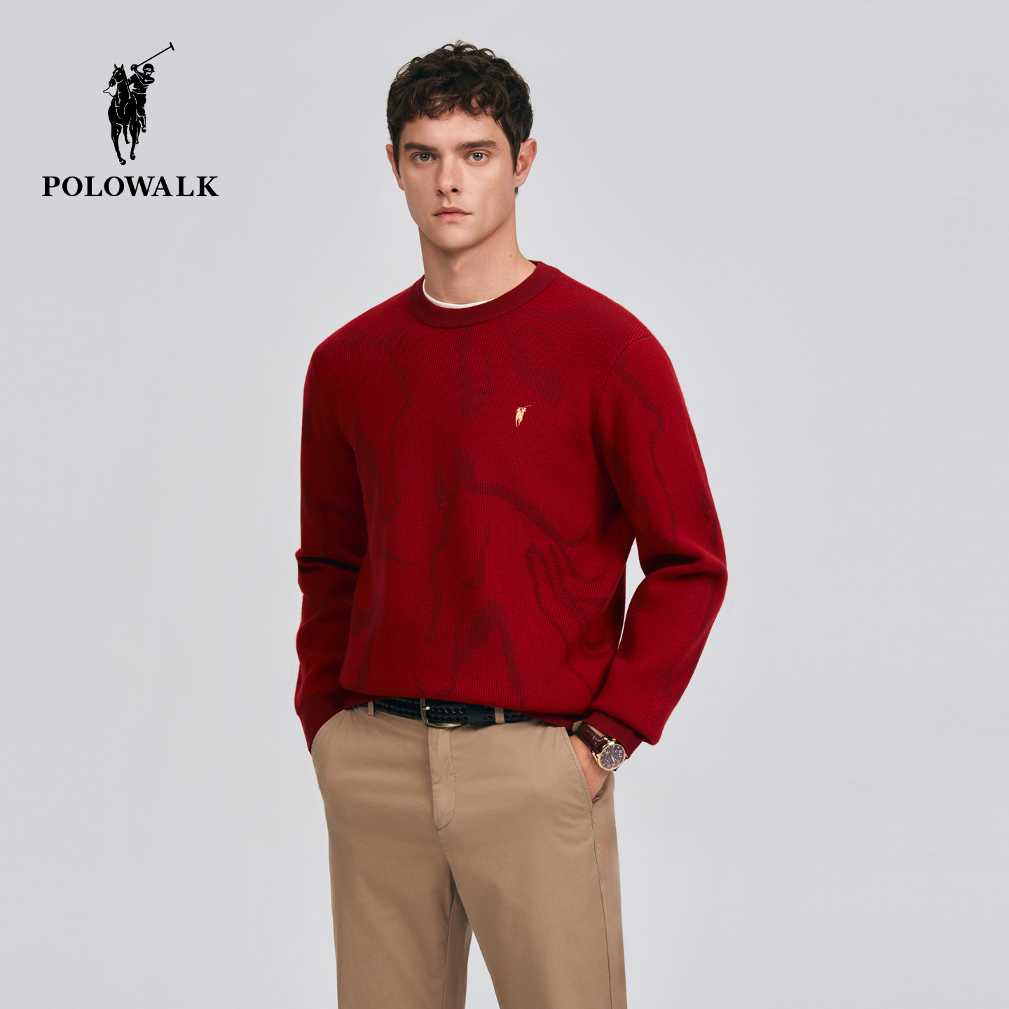 【新年款】POLOWALK男式针织衫2026春季新品简约圆领红色套头上衣