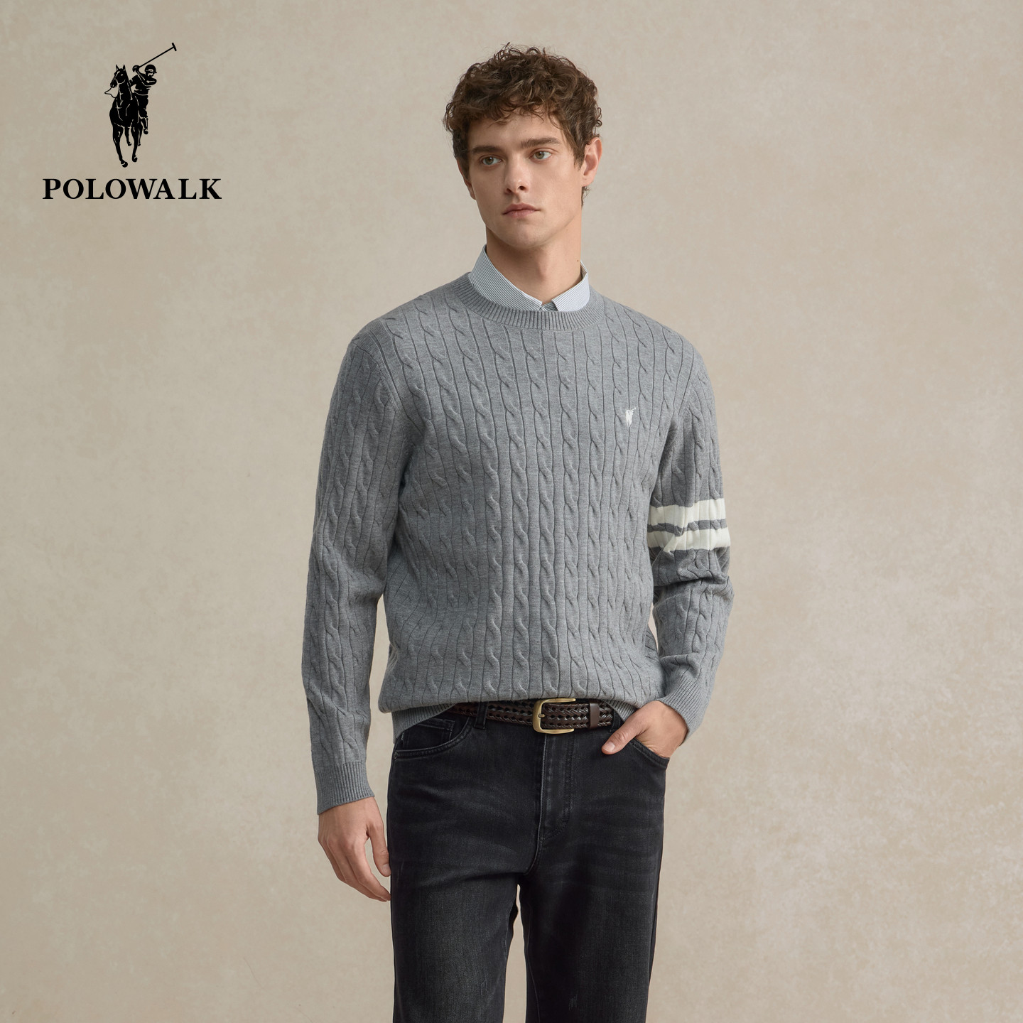 【特惠】POLOWALK男式针织衫2026春季新品针织绞花套头条