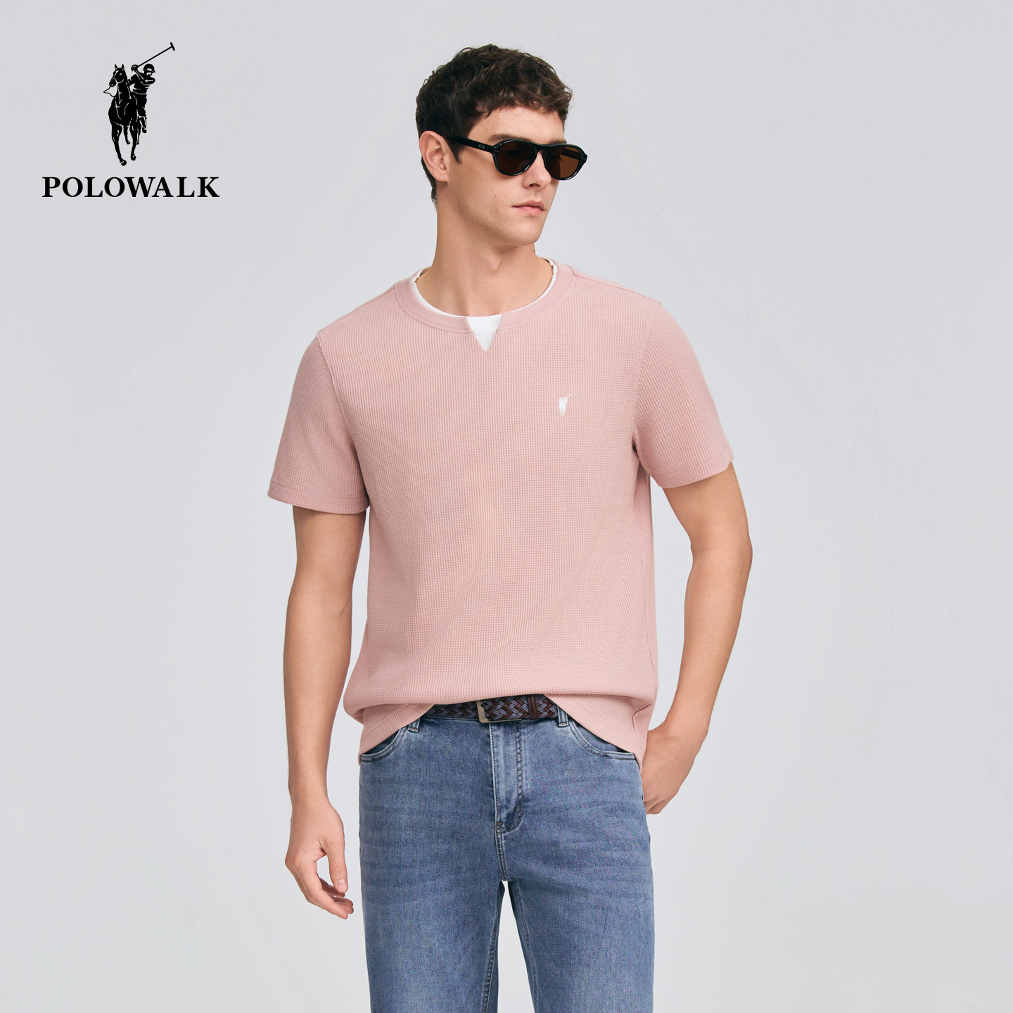 POLOWALK男式短袖T恤2026春季新品假两件双层领简约休闲