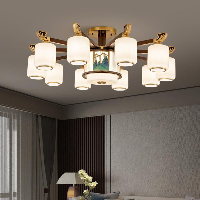 新款客厅吊灯新中式乌檀木全铜餐厅灯别墅复式楼中空仿古吊灯6302