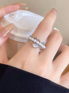 冷淡风珍珠锆石戒指女新款夏季小众设计开口可调节轻奢级感指环