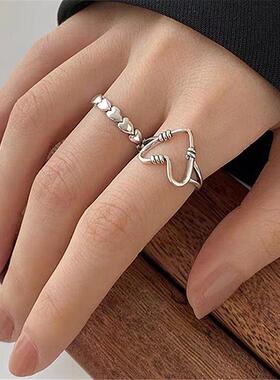 复古做旧新款扎铁丝爱心两件套戒指冷淡风小众个性指环时尚指环女