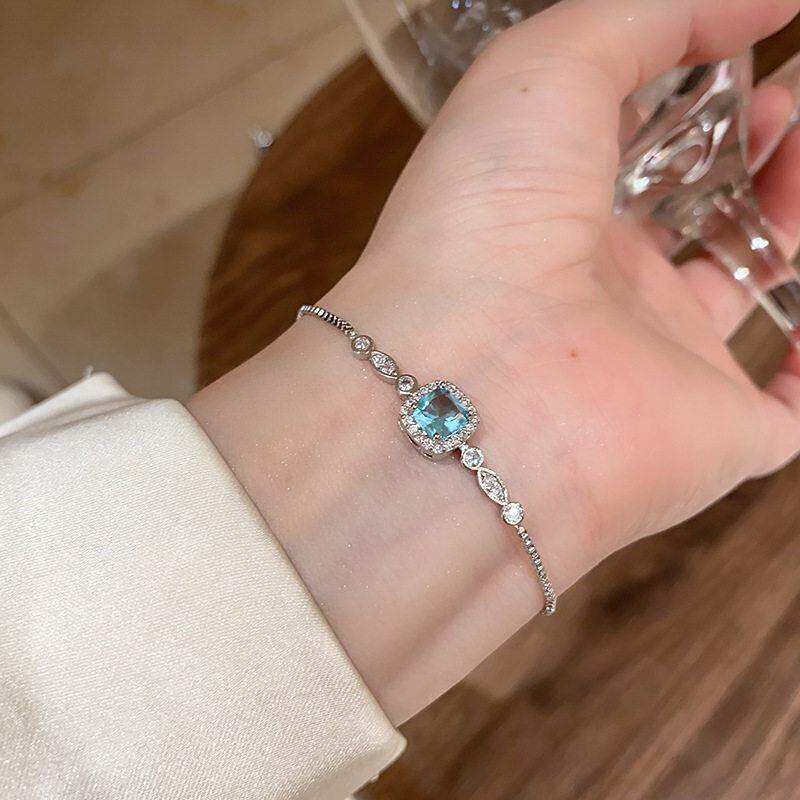 海蓝色正方形锆石可调节手链韩系轻奢手环精致轻奢小清新手饰