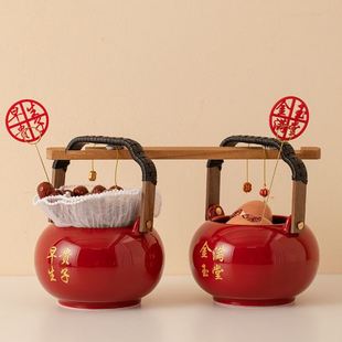 用品大全喜事摆件娘家嫁妆女方红色痰盂桶 子孙桶一对结婚陪嫁套装
