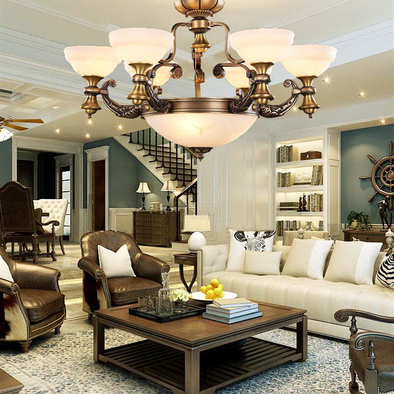 美式全铜欧式客厅吊灯客厅灯具简欧仿云石餐厅书房自建大别墅灯饰