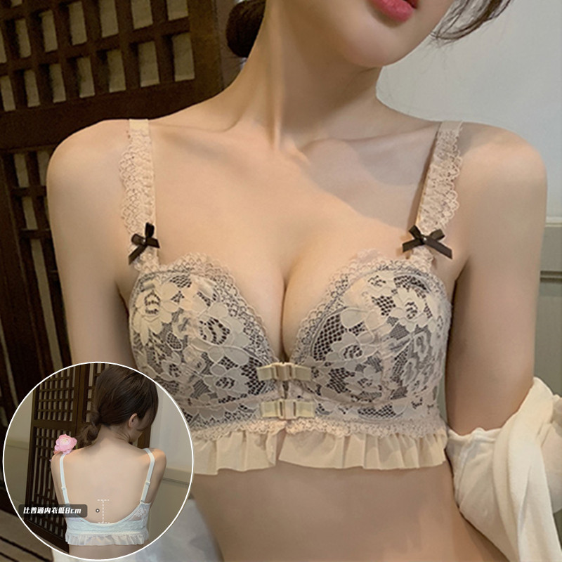 新爆款无肩带美背内衣女防滑聚拢U型无钢圈双O前扣文胸加厚A小胸