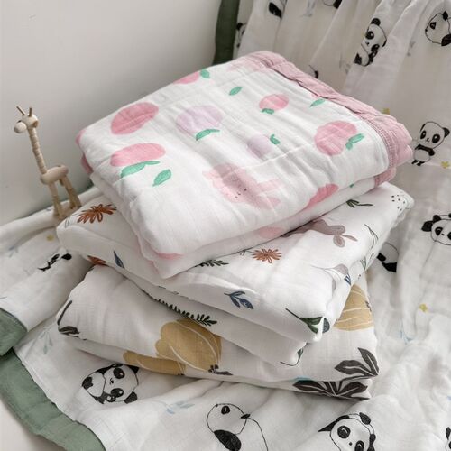 六层八层加厚竹棉纱布盖毯单面印花水洗J新生儿襁褓毯浴巾儿童吸